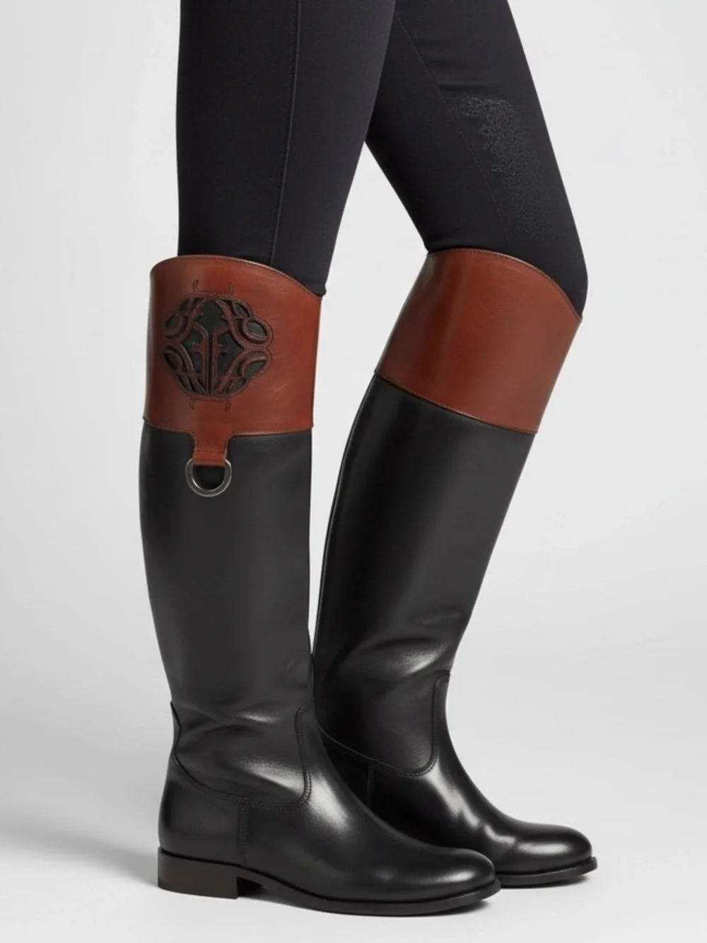 Frye Melissa Two Tone Logo Black Brown Leather Pull-On English Riding Boots 8B
